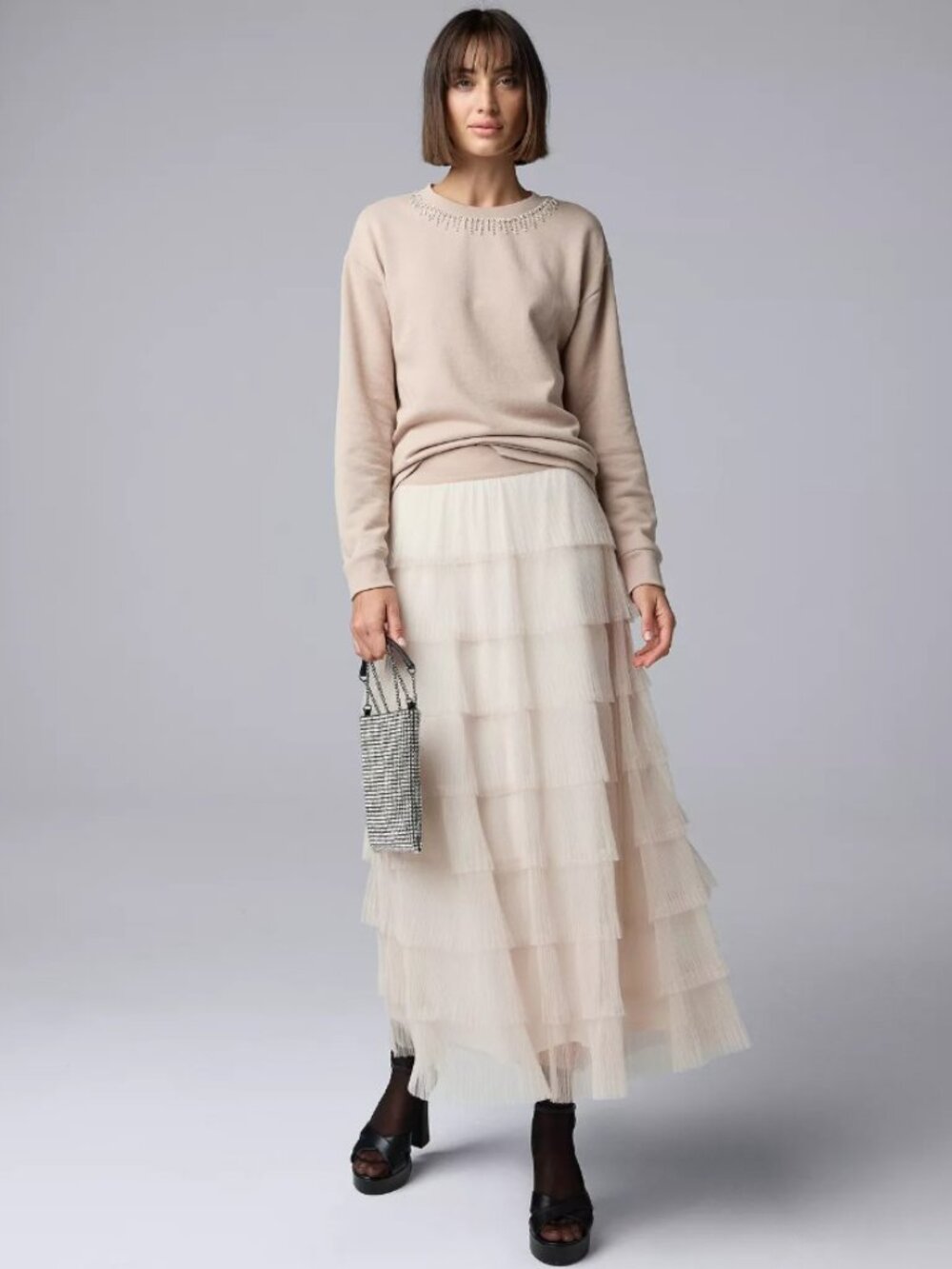 Petite Simply Vera Vera Wang Tiered Tulle Skirt Medium Color Mushroom